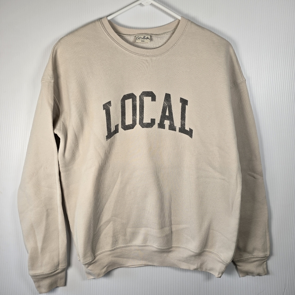 LOCAL Logo Crewneck Cream Ribbed Cuffs & Collar Sweatshirt Size S Fleece Lined